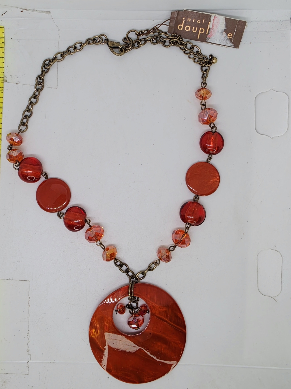 Vtg Carol Dauplaise Orange Red Iridescent Large Shell Pendant Necklace Nwt